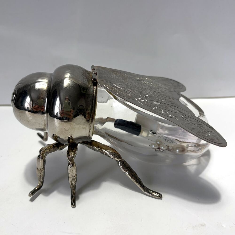 Vintage Silverplate Bee Figural Glass Trinket Dish Vanity Decor